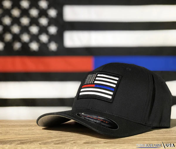 FlexFit Thin Dual Line American Flag Hat, Black
