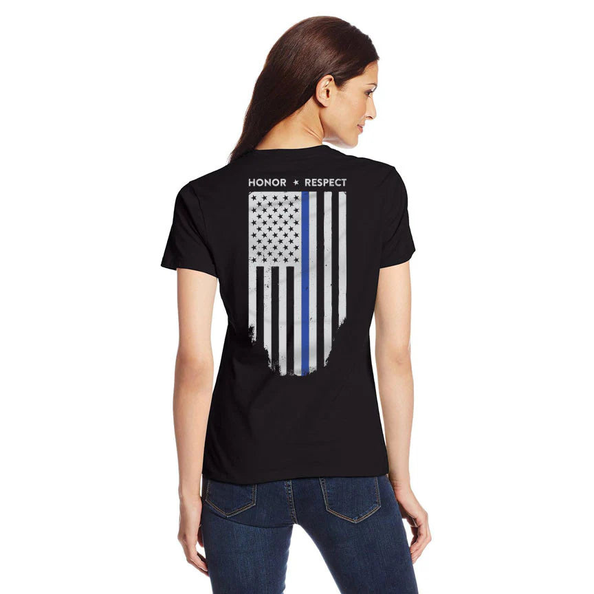 Slim Fit Women's Shirt - Thin Blue Line Flag T-Shirt - Thin Blue Line USA - 2Slim Fit Women's Shirt - Thin Blue Line Flag T-Shirt - Thin Blue Line USA - 3 SLIM FIT WOMEN'S SHIRT - THIN BLUE LINE HONOR RESPECT