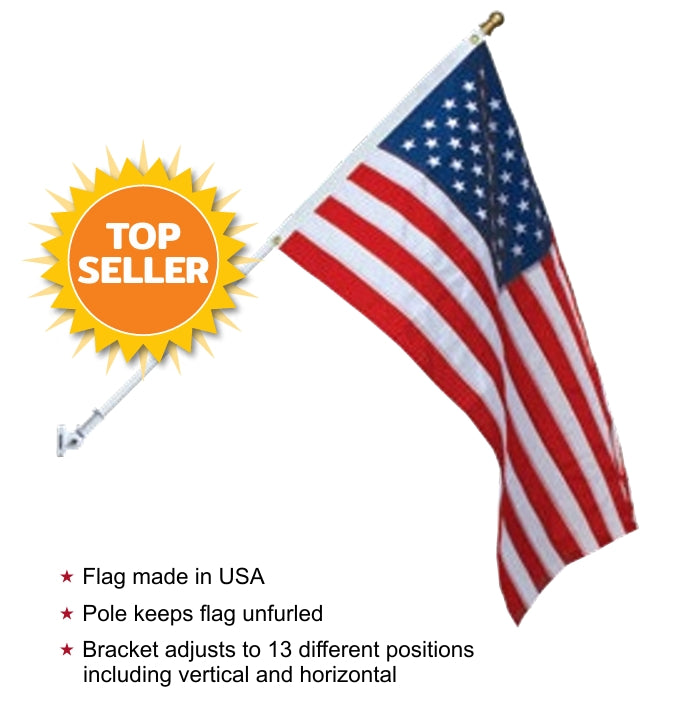 'PREMIUM' SPINNING POLE FLAG SET - 3' x 5' NYLON - Embroidered, US Flag, Pole & Heavy Duty Adjustable Mount, All Included