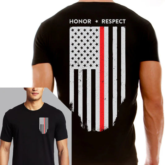 Men's T-Shirt - Thin Red Line Flag - Honor & Respect (ALL SIZES)