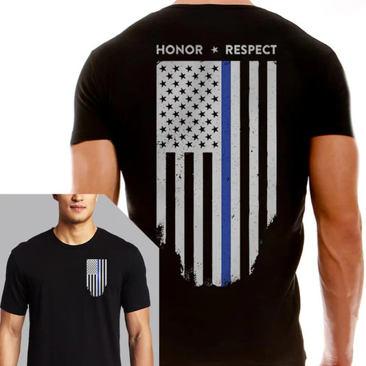 Men's T-Shirt - Thin Blue Line Flag - Honor & Respect (ALL SIZES)